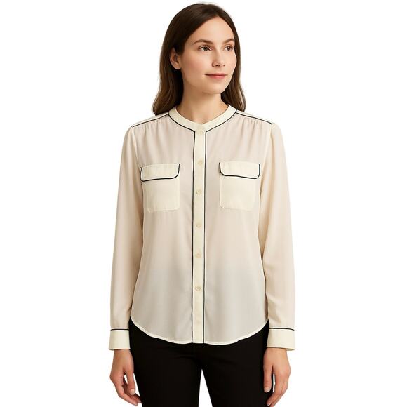 Worthington Tops - Worthington Sheer Button Front Blouse Size L Ivory w Black Piping